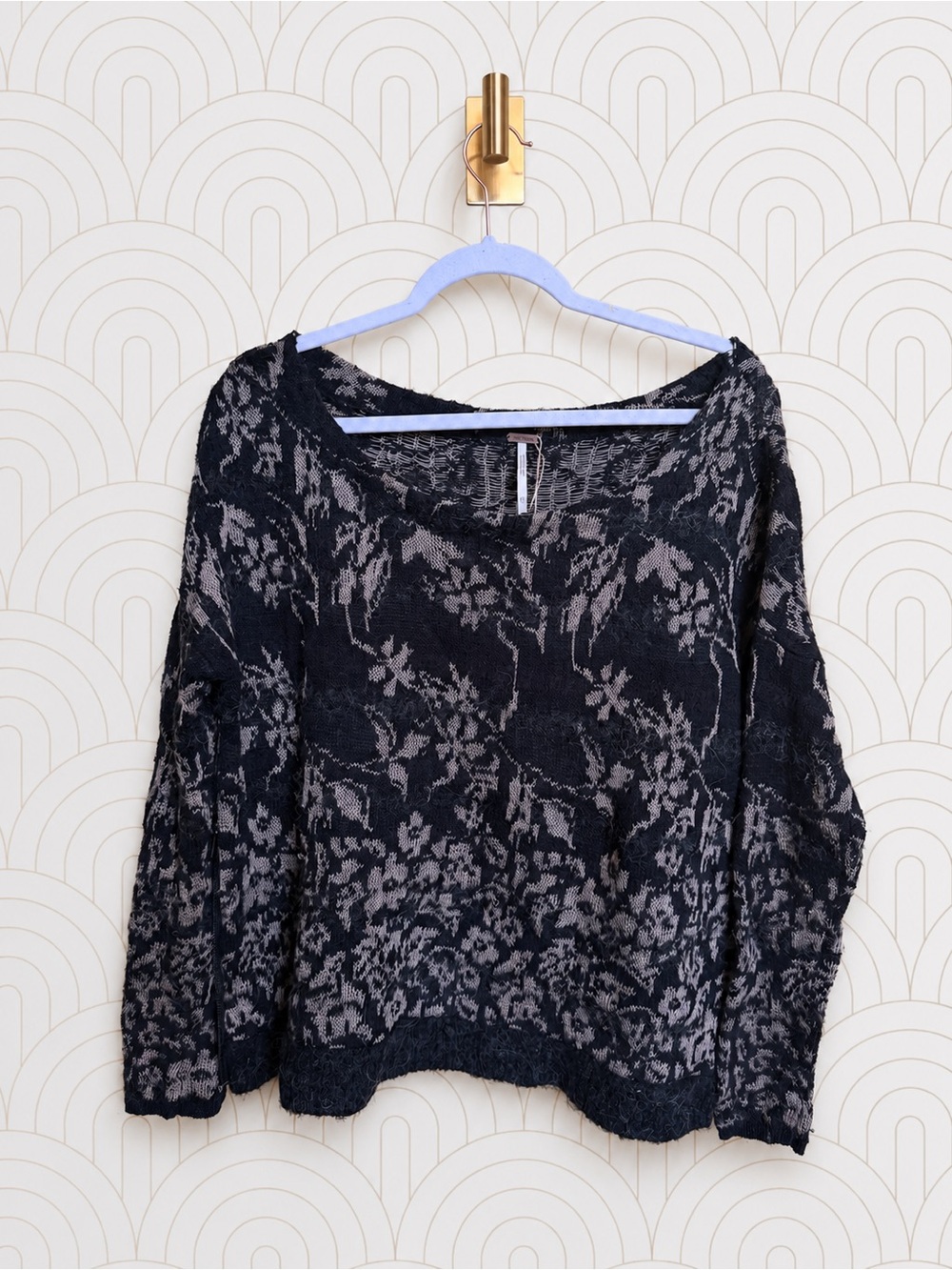 Free People Black and Tan Floral Scoop Neck Sweater